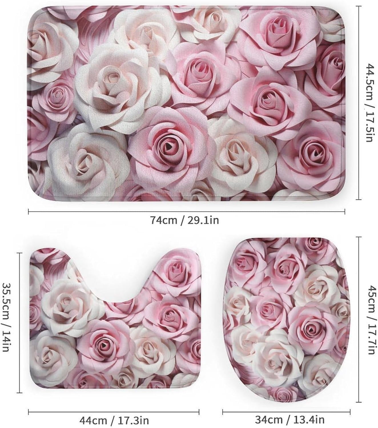 Beautiful Pink Roses Shower Curtain Sets with Rugs Toilet Lid Cover and Bath Mat Colorful Romantic Floral Shower Curtains with 12 Hooks Waterproof 4 Piece Bathroom Decor Set