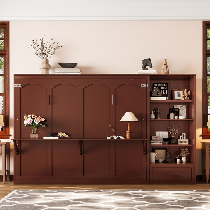 Queen Size Wall Murphy Bed with Adjustable Shelf, All-in-One Storage Bed Frame with Drawer, Folding Platform Bed for Guest Room