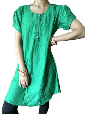 Mogul Women Green Tunic House Dress, Boho Hand Made Patio dress, Comfy Beach Caftan Dress M