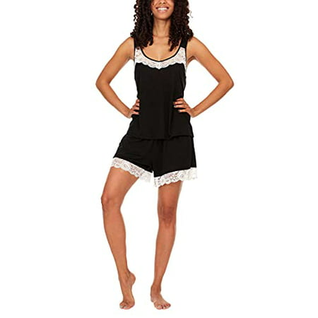 

Women s Shorts Pajama Set| Tank & Short Sleepwear Nightwear| Soft PJ Lounge Sets with Lace Trim (Black X-Large)