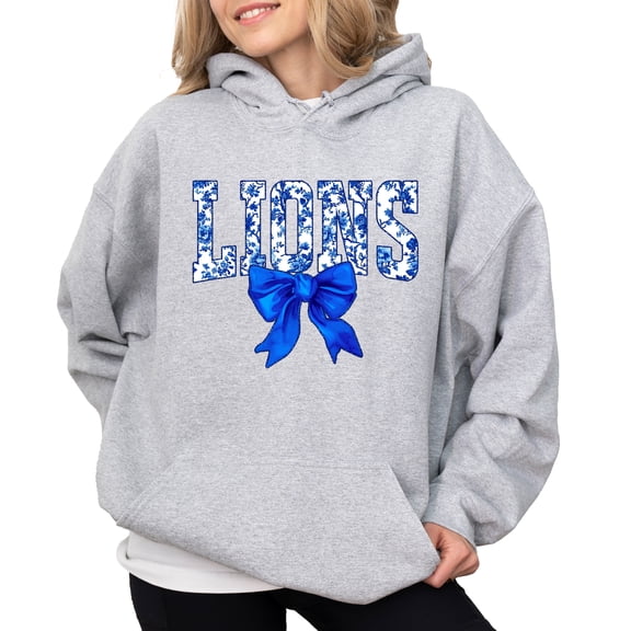 Lions Blue Floral Coquette Bow Hoodie for Women & Teens Trendy School Spirit Game Day Sweatshirt Gray Hoodie Medium