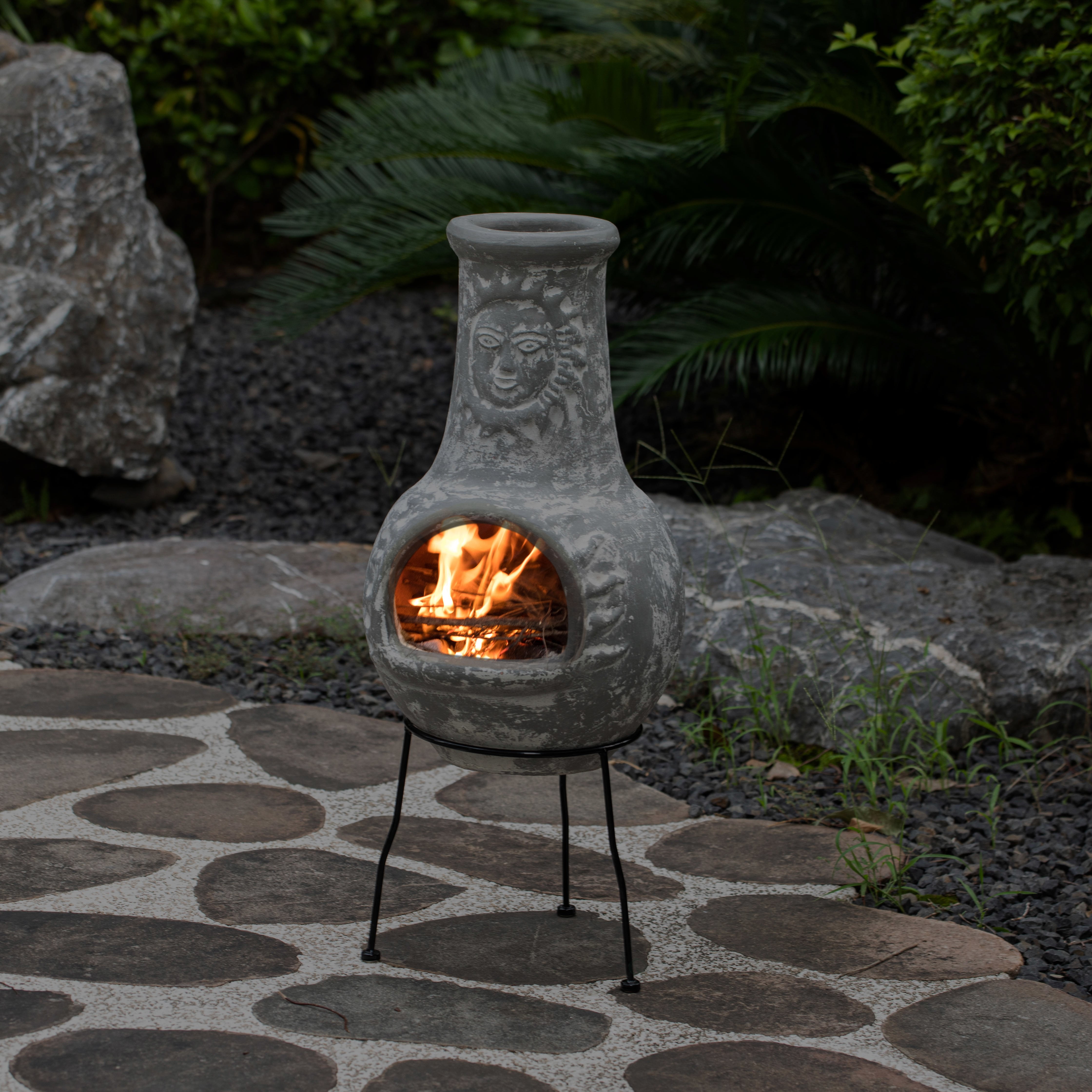 Vintiquewise QI004631.G Outdoor Clay Chiminea Fireplace Sun Design Wood Burning Fire Pit with Sturdy Metal Stand, Barbecue, Cocktail Party, Cozy Nights Fire Pit, Stone Gray