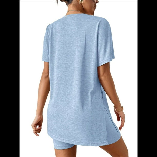 Conjunto de Dos Piezas de Corta para Mujer, con Camiseta Oversize y Shorts Estilo Biker, Color Azul , Talla S