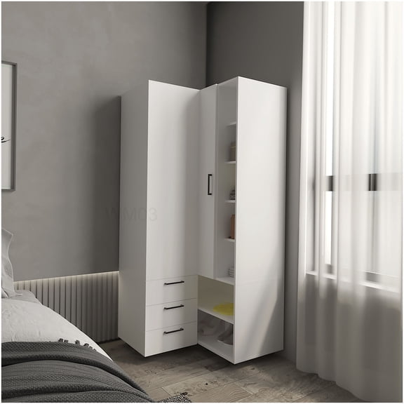 White Corner Armoire with Double Doors, Freestanding Wardrobe with Interior Shelves for Modern Bedroom