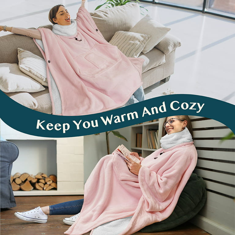 Electric Heating Blanket for Cold Protection,Hooded Blanket Poncho, Wearable Blanket Wrap with Hand Pockets
