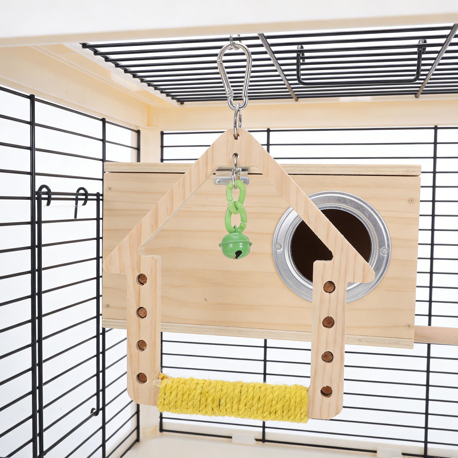 OUNONA Wooden Hanging Swing Perch for Lovebirds and Finches with Bell