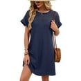 thumbnail image 4 of Caywon Women's Casual Fashion Solid Color Crew Neck Lace Patchwork Short Sleeve Nightgown Soft Breathable Sleep Dress for Summer Homewear, 4 of 5