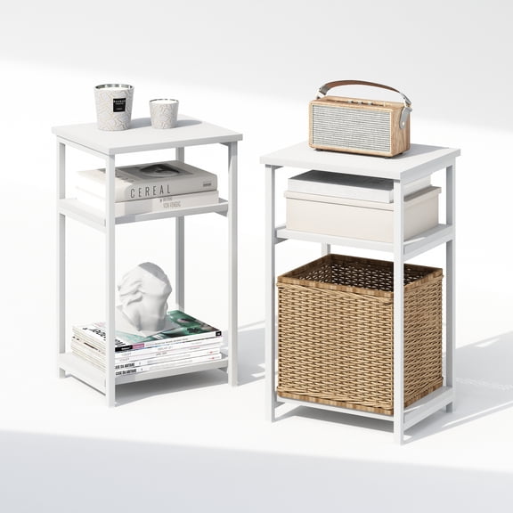 Furinno SIMPLISTIC Night Stand Set of 2, 3-Tier Open Shelf Design Nightstand with Metal Frame, Bedside Table, End Table, Side Table, for Bedroom, Living Room, White