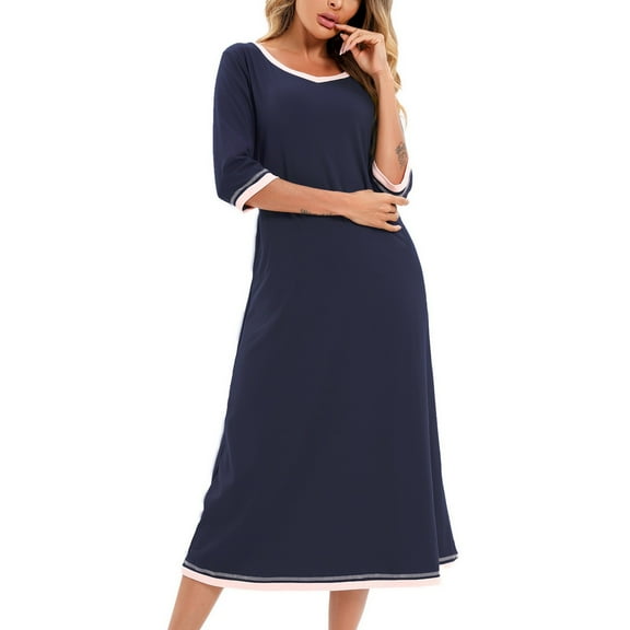 SWSMCLT Women's Cotton Pajamas Soft Nightgown Loose Breathable Half Sleeve Pjs Comfy Fall Home Thin Sleeping Navy Small