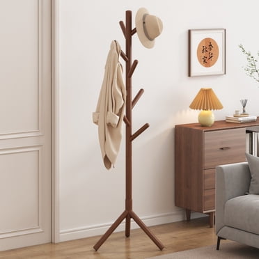 Behome Wooden Coat Rack, Solid Freestanding Coat Rack with 8 Hooks and 3 Adjustable Size, Hall Coat Tree for Bedroom, Entryway, Living Room, for Hats, Coats, Handbags, Brown