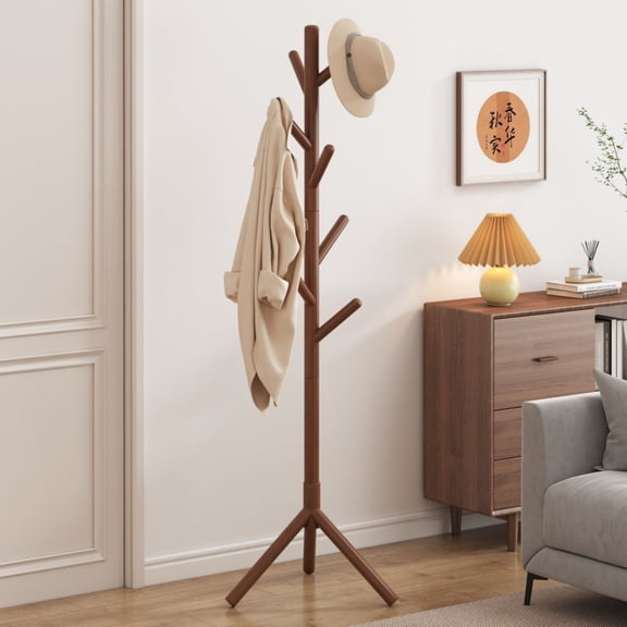 Behome Wooden Coat Rack, Solid Freestanding Coat Rack with 8 Hooks and 3 Adjustable Size, Hall Coat Tree for Bedroom, Entryway, Living Room, for Hats, Coats, Handbags, Brown