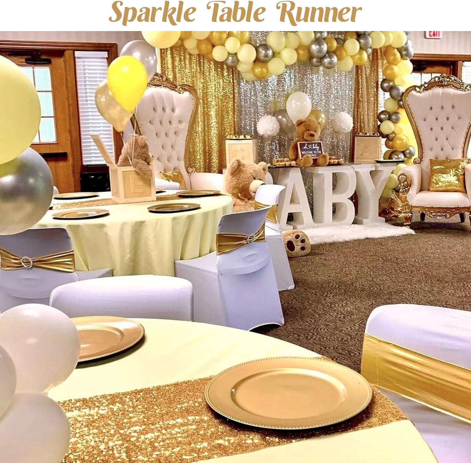 6 Pack Champagne Gold Sequin Table Runners 12" x 72" Sparkle Sequin Table Cloths for Wedding Party Banquet Bridal Shower Decorations