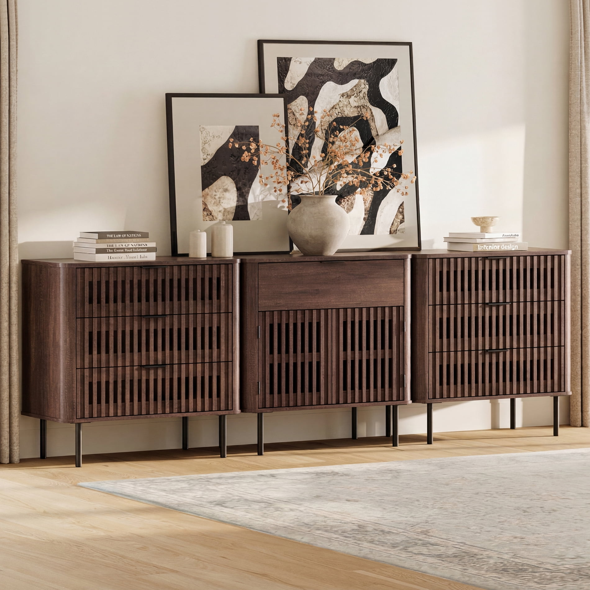 94.5" W Large TV Stand for 85 Inch TV, Modern Slatted TV Stand with Storage, Wood Entertainment Center with Cabinets and Drawers, Mid-Century Modern Media Console for Living Room, 3 in 1, Walnut