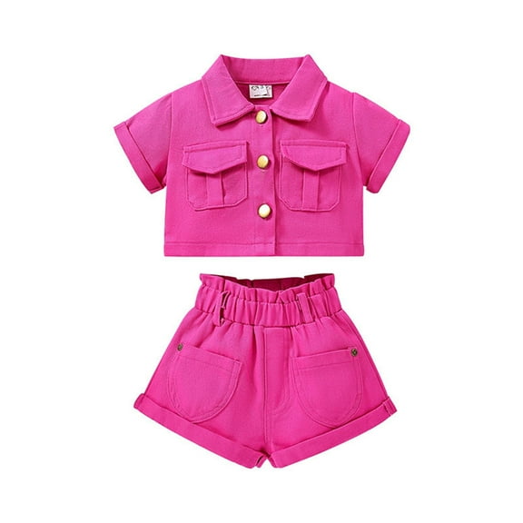 LNMQLPDBS Girls' Clothing Sets Solid Color Short Sleeve Button Down Lapel Shirts Elastic Waist Shorts Outfits Clothes Cute Clothes for Teen Girls Summer Trendy Suit for Party and Photo