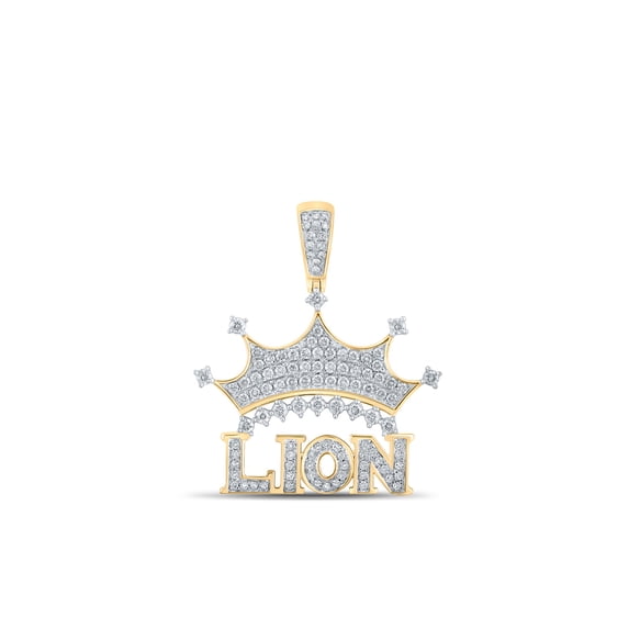 10kt Yellow Gold Mens Round Diamond Lion Crown Phrase Charm Pendant 7/8 Cttw