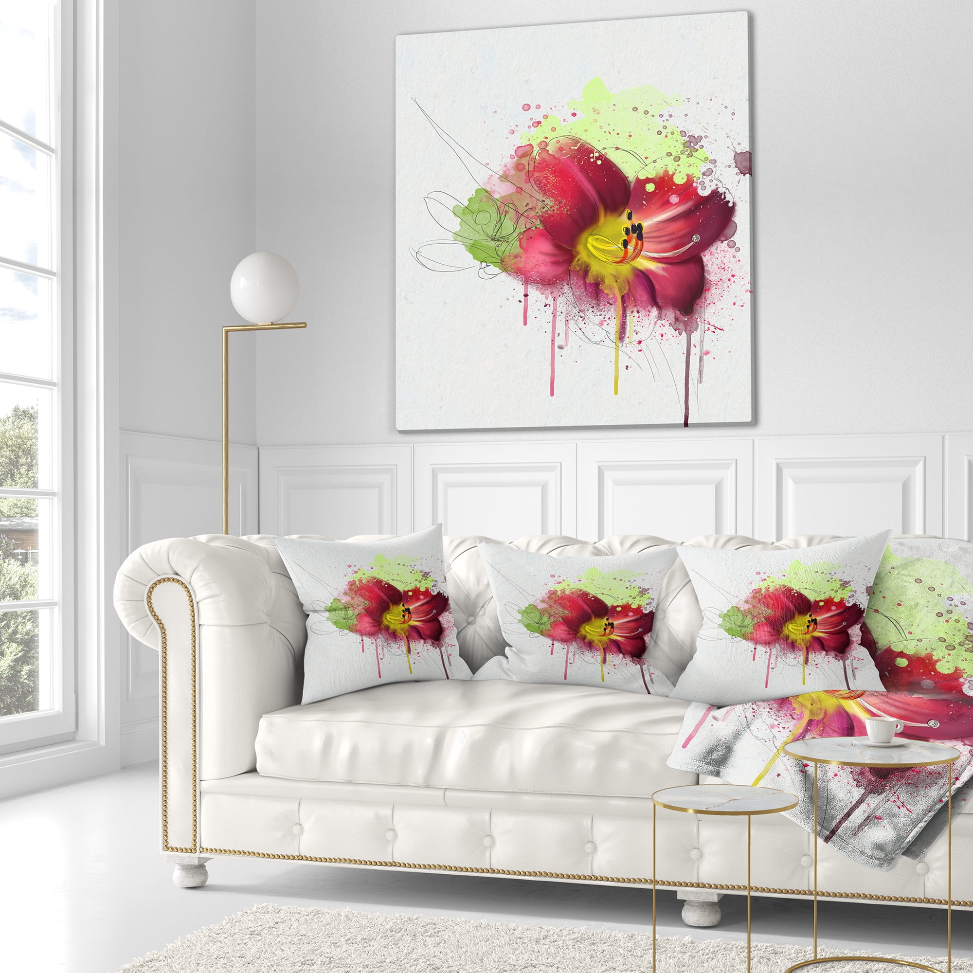 Designart Red Lily with Green Paint Splashes - Floral Throw Pillow - 18x18