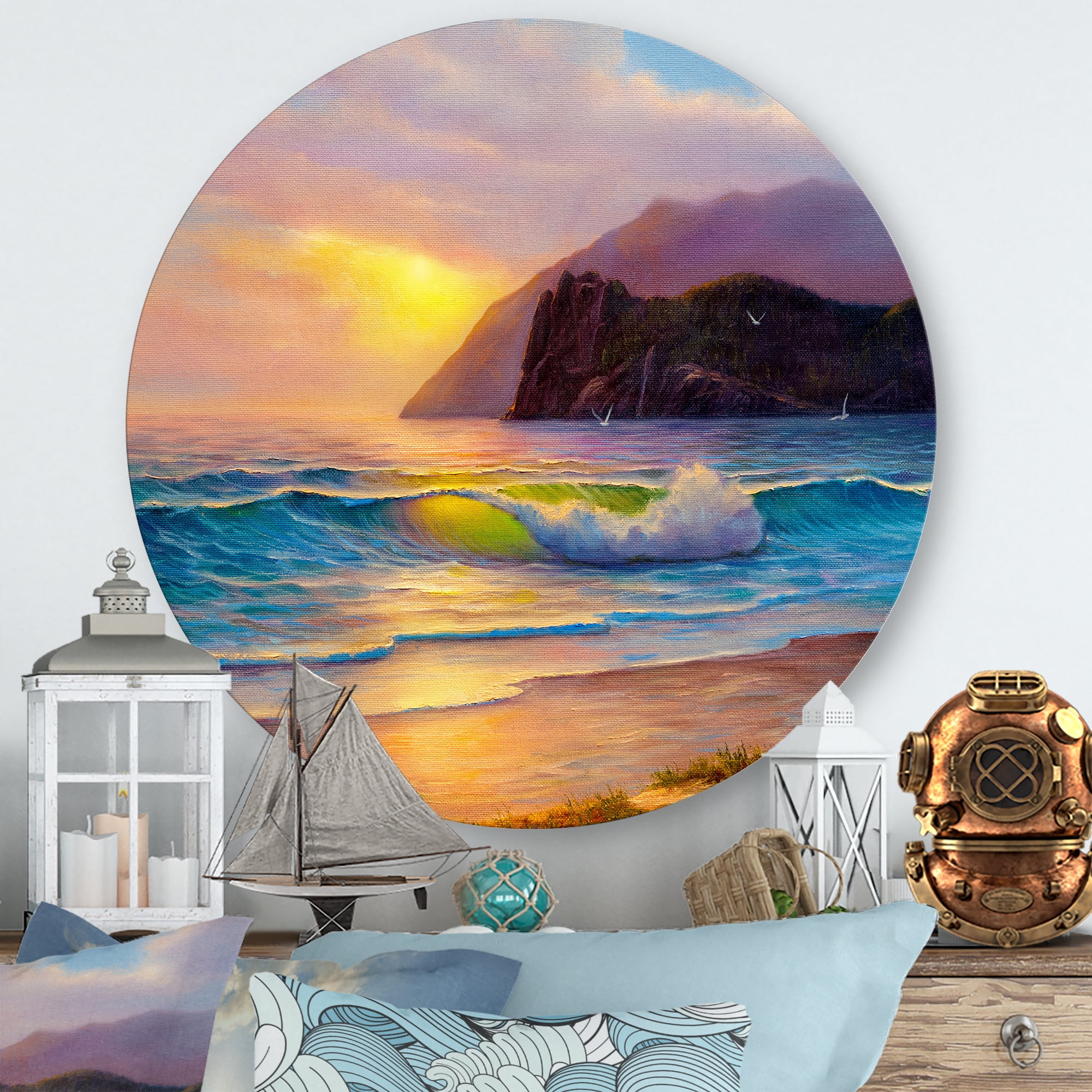 Designart 'Sunrise Glow On The Sea Waves V' Nautical & Coastal Circle Metal Wall Art 23x23 - Disc of 23