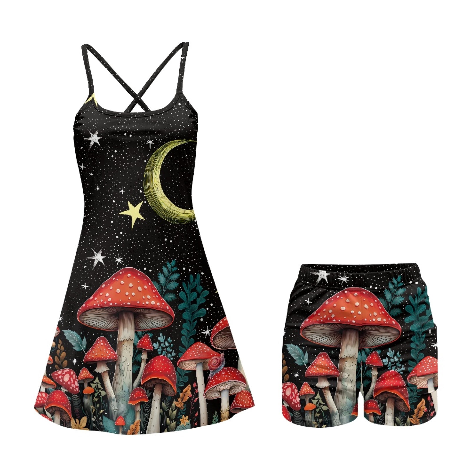 Yuyamidu Aesthetic Mushroom Tennis Dress for Women Size XL, Starry Sky Tennis Golf Dresses with Built in Shorts Fashion Sleeveless Workout Athletic Dresses