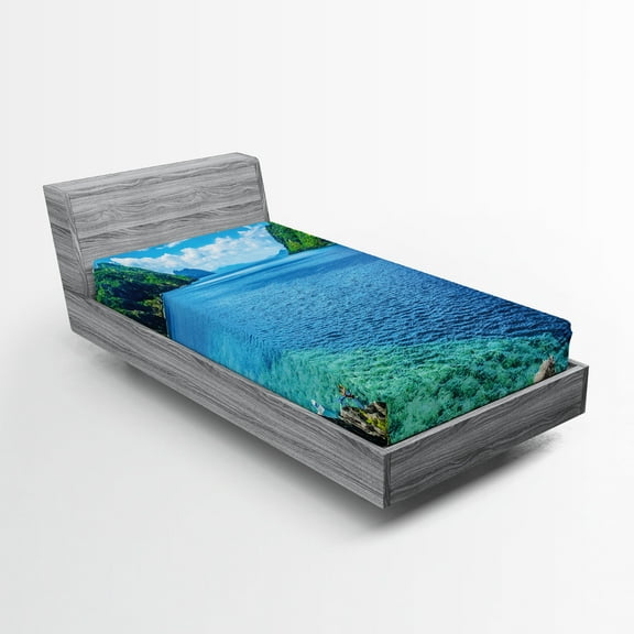 Ambesonne Nature Fitted Sheet, Scenic View of Palawan, Twin Size, Blue Green White