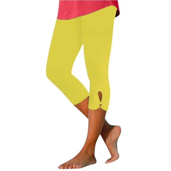 Women Cropped Leggings with Cutout Soft Stretch Pull On Capri Length Pants for Everyday Wear (Yellow,3XL)