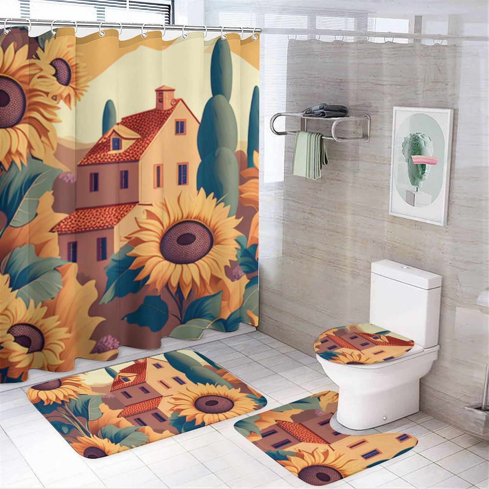 Four Piece Bathroom Set Stylish Shower Curtain, Matching Rugs, and