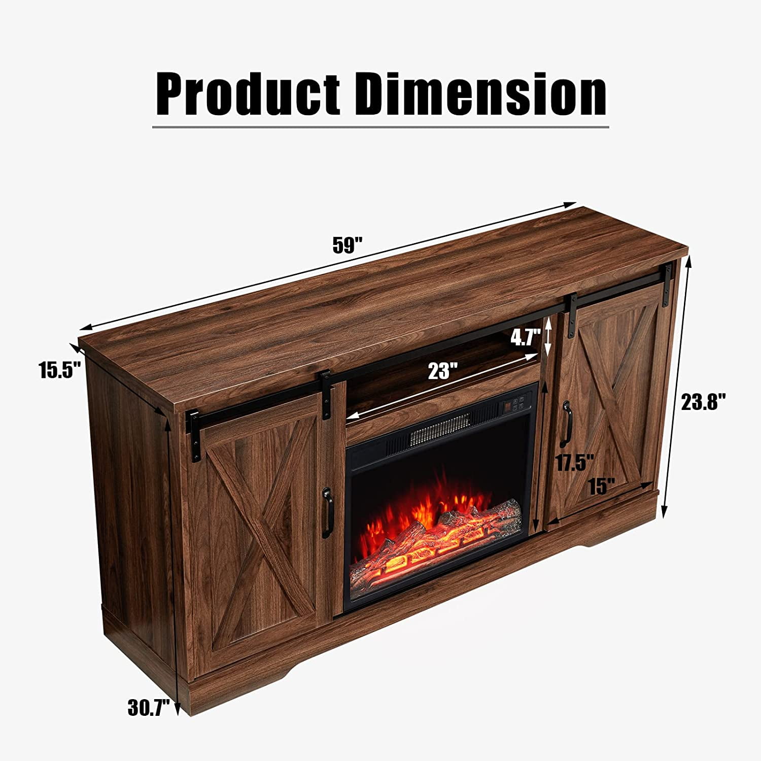 59" Farmhouse Fireplace Entertainment Center with Storage Cabinets/Adjustable Shelvesï¼Dark Walnut, TV Stand Fireplace with Sliding Barn Door for TVs up to 65"