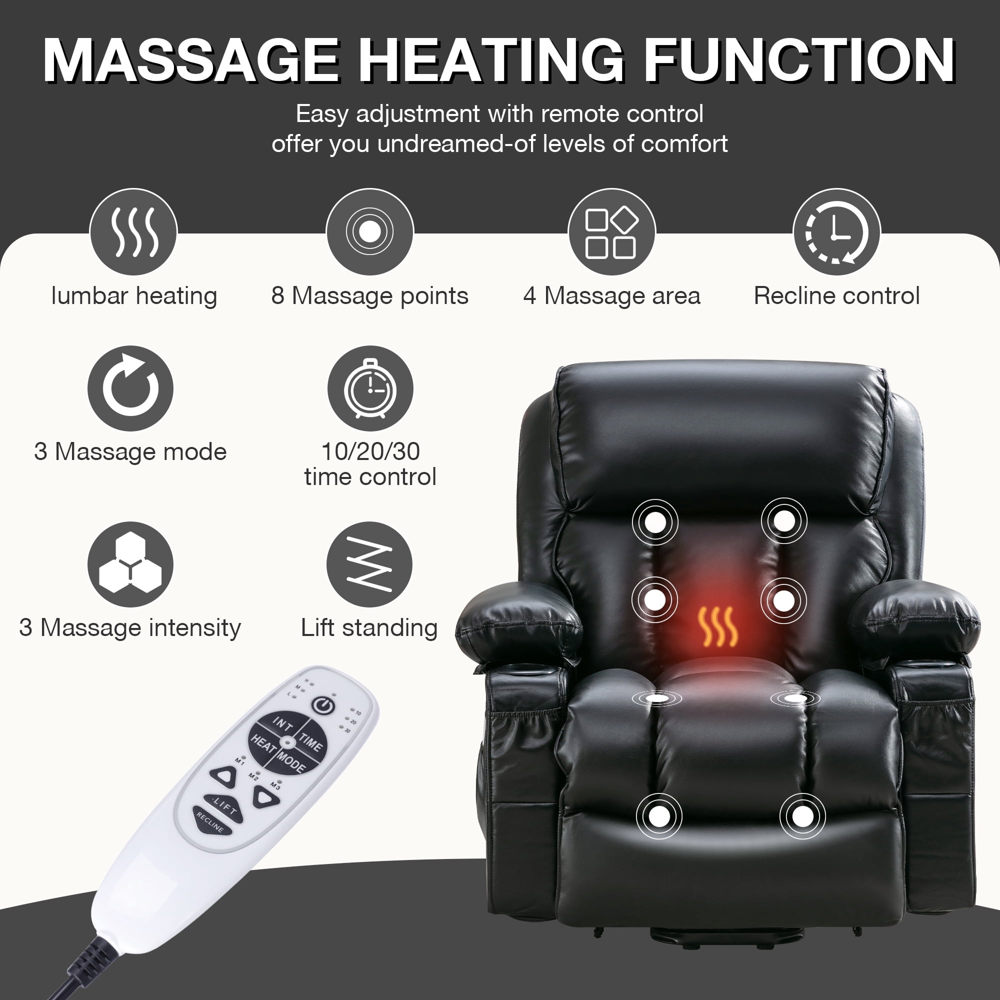 Lift Recliner Chair, LEGAHOME Electric Power Lift Recliner for Elderly with Heat Therapy and Massage, Oversized PU Leather Recliner Chair with Cup Holders, USB Port, Side Pocketst, Black