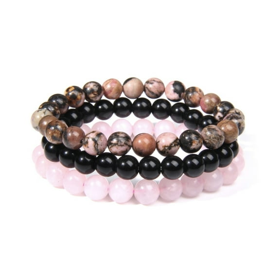 Black Pink Marbled Beaded Stretch Set Of 3 Bracelets