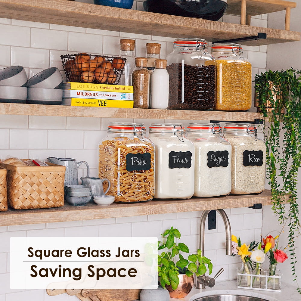 Syntic 2 Pack Square Super Wide Mouth Airtight Glass Storage Jars with Lids, 1.1 Gallon Glass Container with 2 Measurement Marks, Canning Jars with Leak-proof Lid for Kitchen