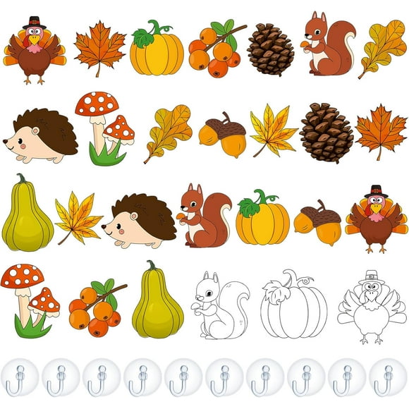 48 Pcs Thanksgiving Window Art Suncatcher Craft Kits DIY Autumn Pumpkin Window Sun Catchers Paint Fall Turkey Ornament with 24 Suction Cups Crafts Gift for Home Classroom Thanksgiving Decor