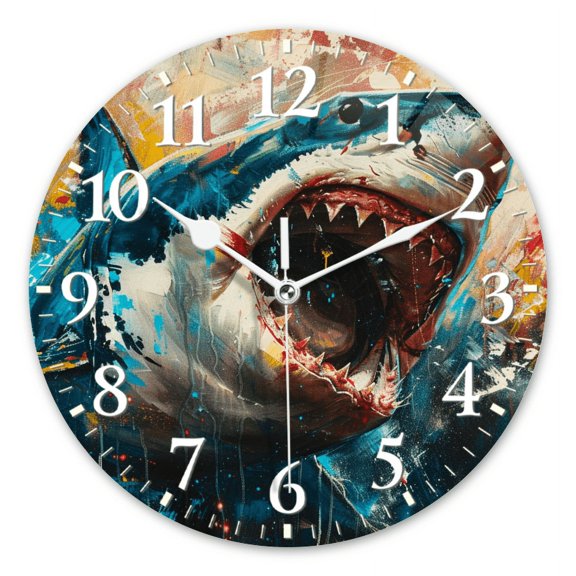 Round Wall Clock,Dynamic Painting Of Angry Shark,Silent Non-Ticking Wall Clock Decor for Home Office Kitchen Living Room Bedroom(10inch)