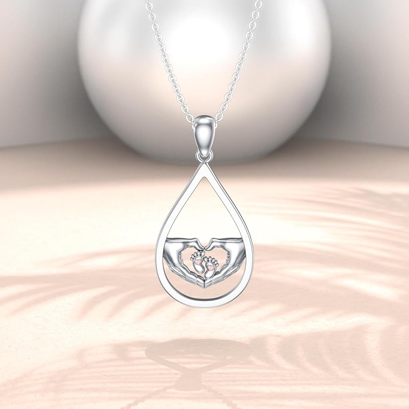SOULMEET 925 Sterling Silver Footprint Necklace Mom Pendant Necklace Mother's Day Jewelry Gift for Women Mom Wife