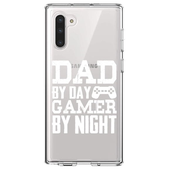 DistinctInk Clear Shockproof Hybrid Case for Samsung Galaxy Note 10 (6.3" Screen) - TPU Bumper Acrylic Back Tempered Glass Screen Protector - Dad By Day Gamer By Night
