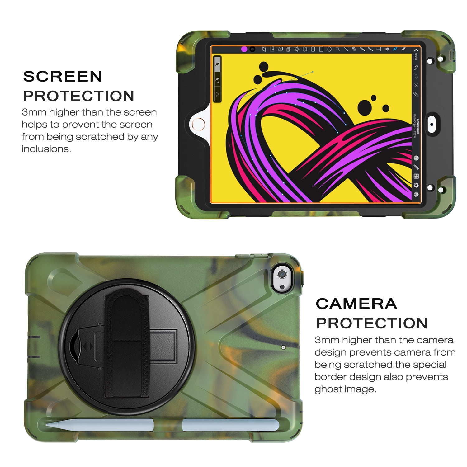 iPad Mini 5 Case for Kids, iPad Mini 5/Mini 4 Case Shockproof, Heavy Duty Protective Rugged iPad Mini Case with Pencil Holder /Kickstand Case for iPad Mini 5th/4th Generation 7.9 Inch - ARMYGREEN