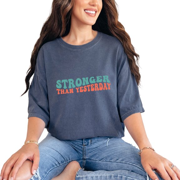Stronger Than Yesterday, Motivational Quote, Groovy Retro Wavy Text, Denim Comfort Colors T-Shirt, Small