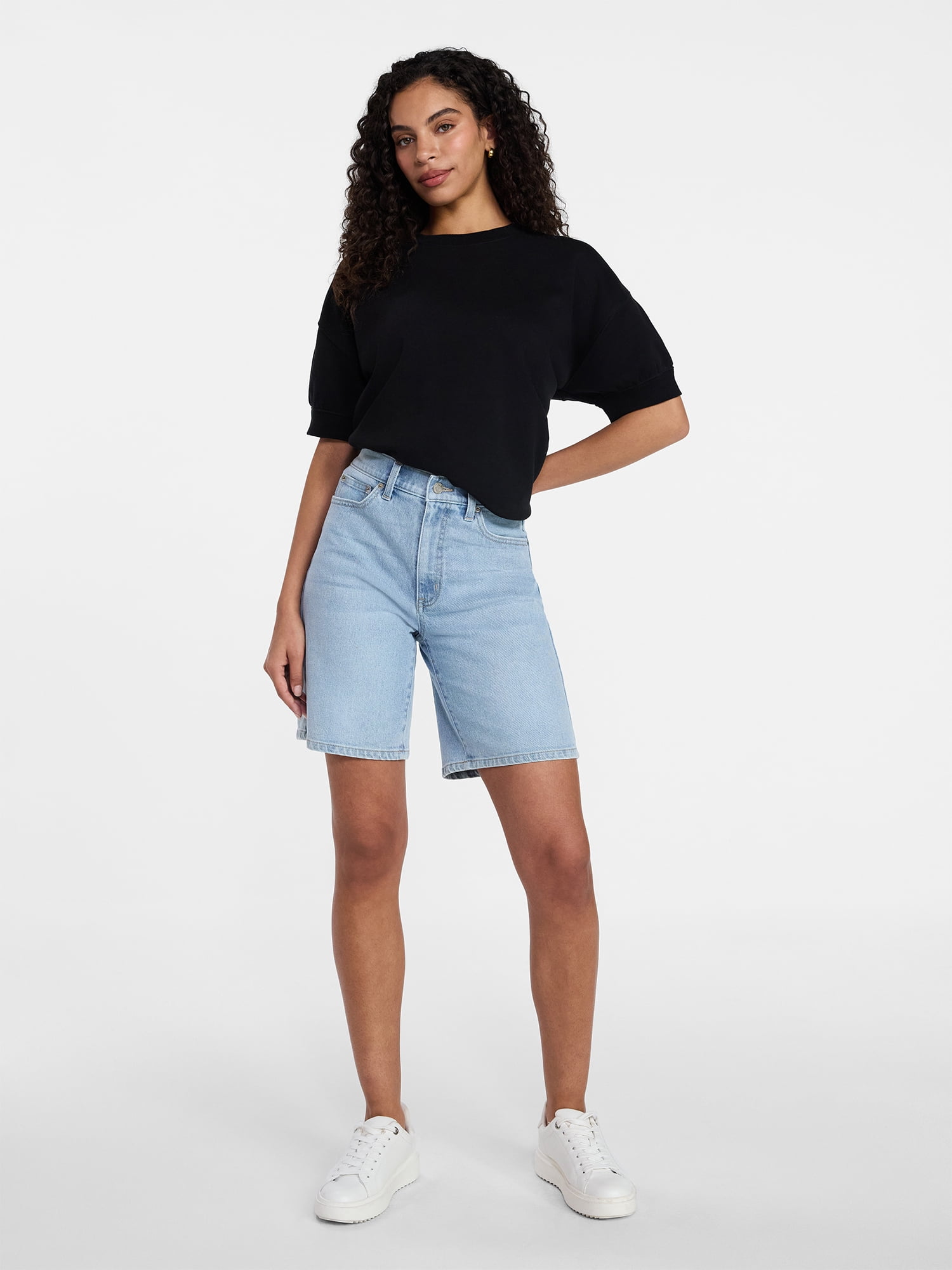 Time and Tru Women's High Rise Denim Bermuda Shorts, 9" Inseam, Sizes 0-22