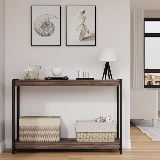 TROPOW Console Table, 40" Entryway Table, Slatted Style 2-Tier Sofa Table with Shelf, Farmhouse Rustic Console Tables for Entryway, Living Room, Hallway, Foyer-Walnut Brown
