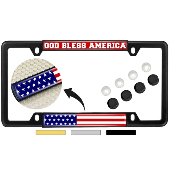 God Bless America USA Flag - Domed Custom-Made Personalized Narrow (Thin) Top 4 Hole Metal Car License Plate Frame with Free caps - Black (Quantity: 1 Frame)