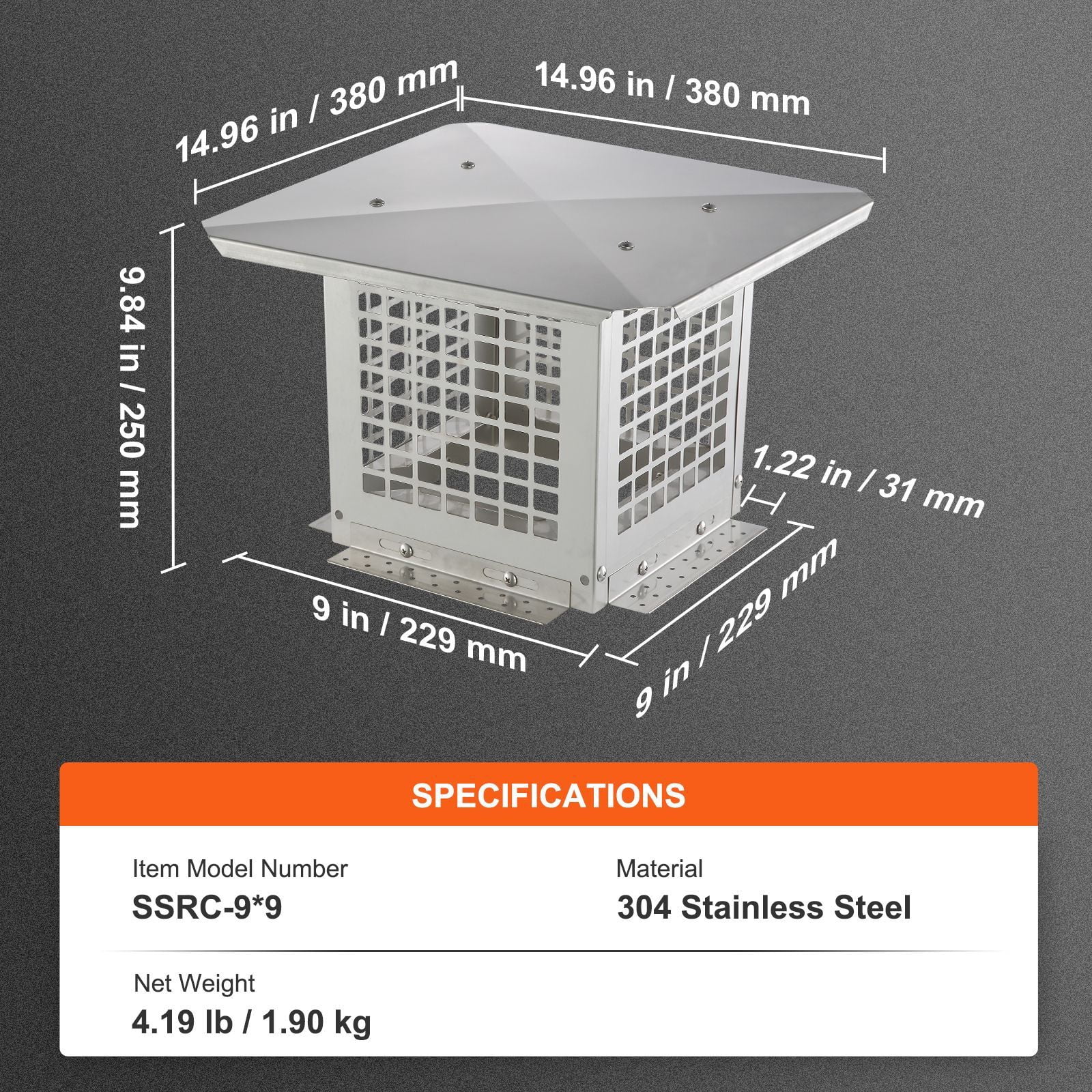 Square Base Chimney Cap 304 Stainless Steel with Mesh for Brick Chimney Metal Flue