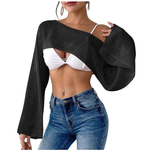 Wo-Fusoul Blouse pour Femmes, Mode Décontractée Couleur Unie Col Rond Manches Longues Haut d'Été et Couverture, Coupe Courte
