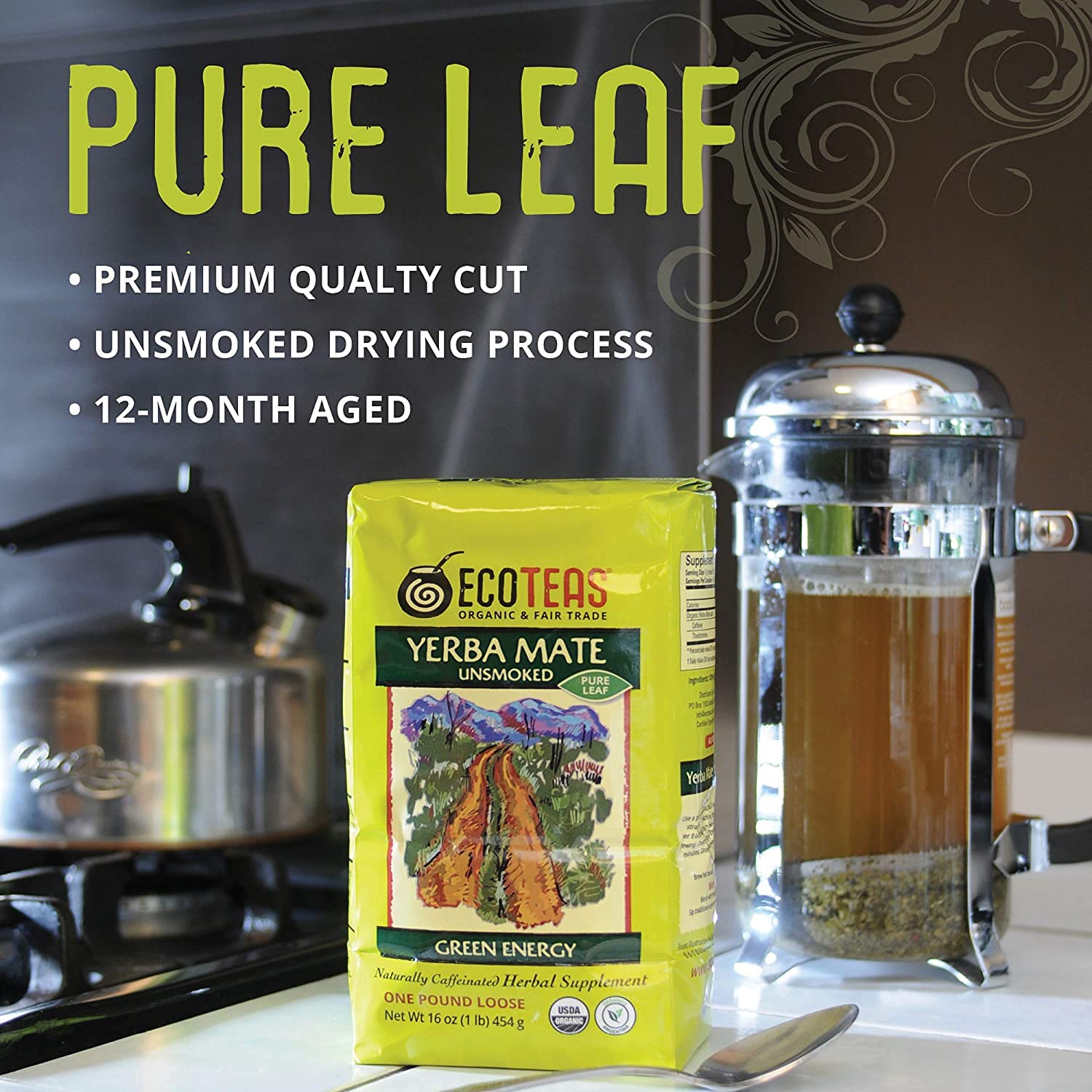 EcoTeas Loose Leaf Yerba Mate - Green Energy Unsmoked, 16 Oz (454g)