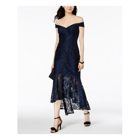 XSCAPE Womens Navy Hem Lace Cap Sleeve Off Shoulder Midi Hi-Lo Cocktail Dress Size: 6
