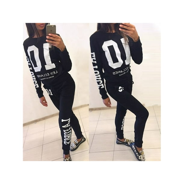 Casual Gray Sports Wear Pullover Tracksuits for Women, Womens 2Pcs  Tracksuit Sets with Hoodies Sweatshirt & Pants, Black/ Gray, S-XL 