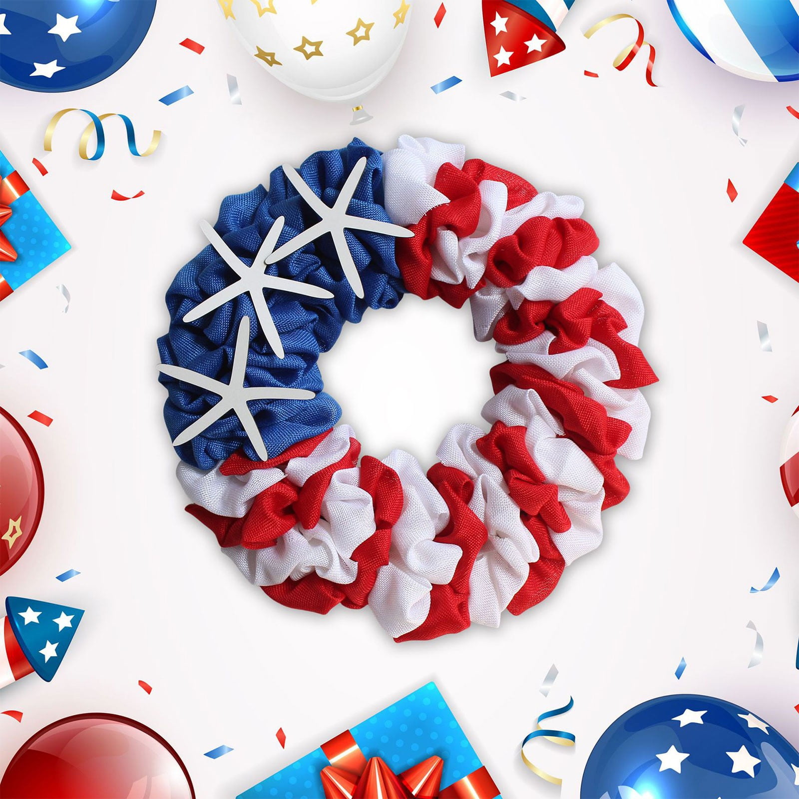 Patriotic Red, White, and Blue Hair Scrunchie with Starfish Accents Perfect for Celebrations and Everyday Wear
