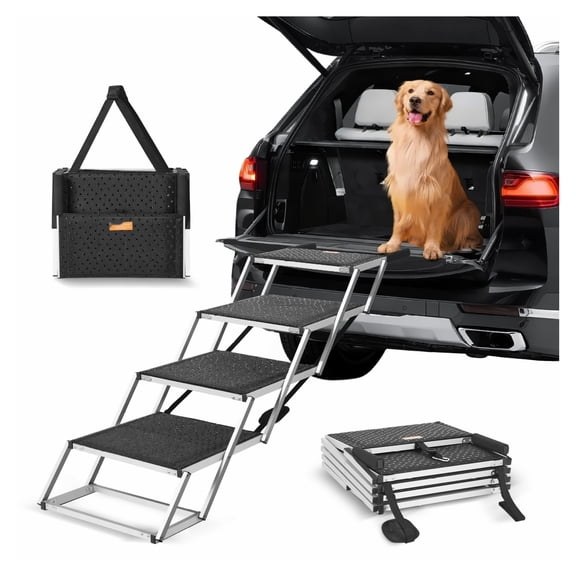 Dog Stairs for Cars 4-Step Folding Pet Steps Aluminum 250lbs Capacity, Adjustable Height Portable Dog Ramp for SUV, Truck, Bed & Sofa