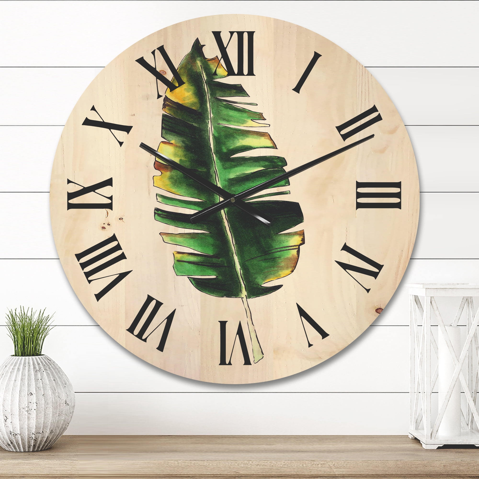 Designart 'Single Banana Leaf On White' Bohemian & Eclectic Wood Wall Clock
