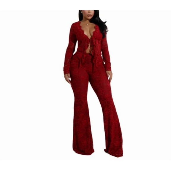 Women’s Lace Two-Piece Outfit, Tie-Front Hollow-Out Cardigan with Long Sleeve Lace Top and Matching Lace Pants, Slim-Fit Fashion Set for Casual & Evening Wear
