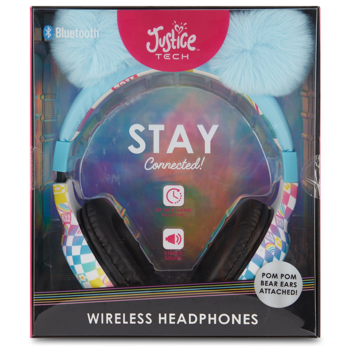 Justice Portable Wireless Bluetooth Headphone with Plush Pom Poms-Blue