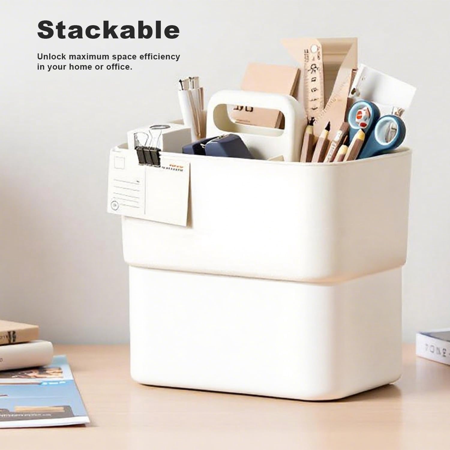 ABPETE Multipurpose Caddy Organizer with Handle,Large Stackable Plastic Craft Storage, Portable Pen Holder 5 Dividers for Art Supplies, Colored Pencils, Stationery, Markers, Makeup