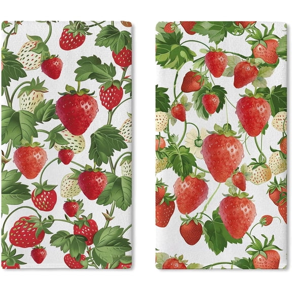 Watercolor Strawberry Kitchen Dish Towels Set of 2, Spring Summer Fruit Drying Hand Towel Baking Cooking Cloth, Farmhouse Bathroom Home Decoration 18'' x 26''
